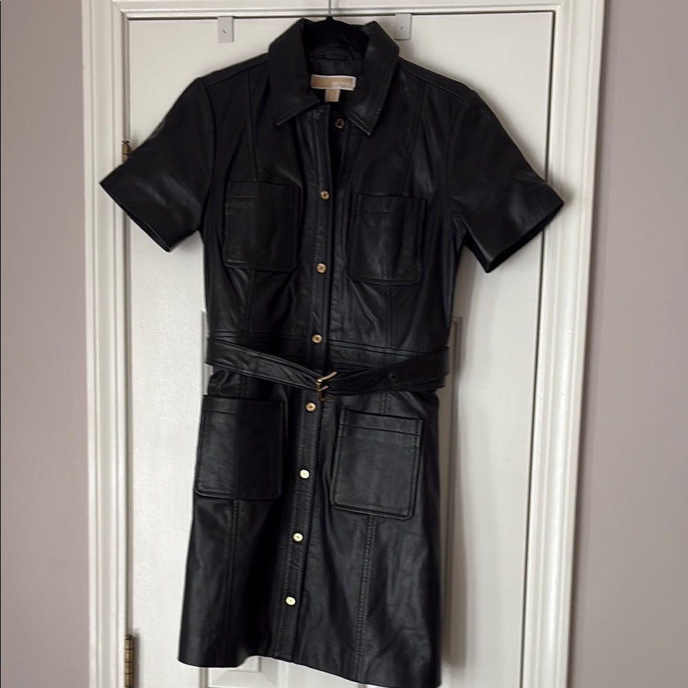 Michael Kors Black Leather Button-Front Dress